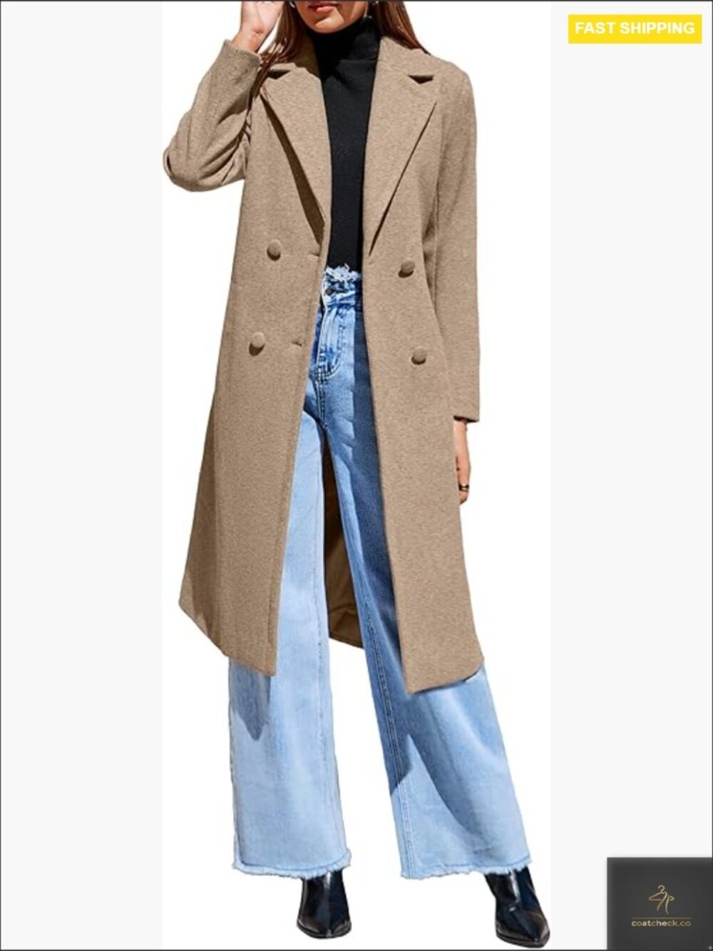 Wool Blend Pea Coat Long Overcoat Double Breasted Lapel Collar Belted Trench